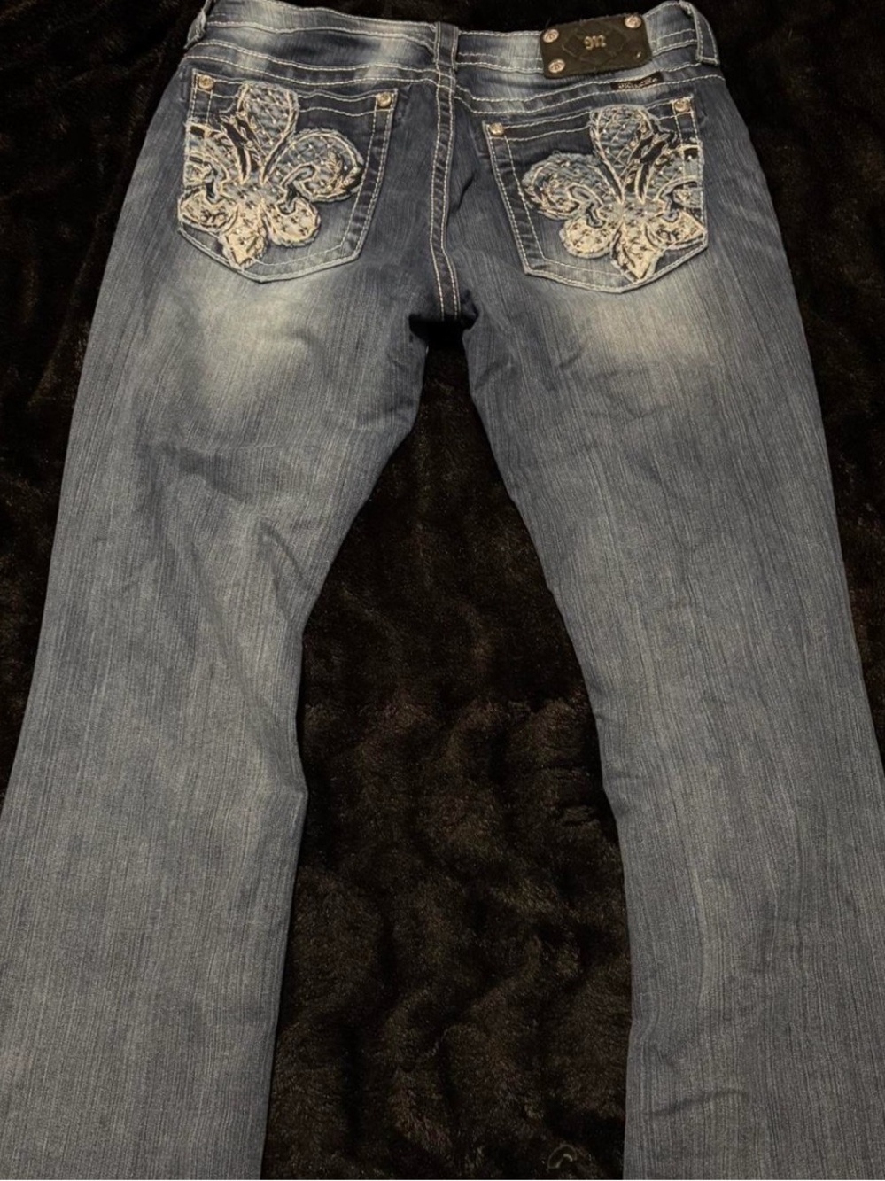 Miss Me Boot Cut Jeans with Embroidered Fleur-de-Lis Pockets - Blue
